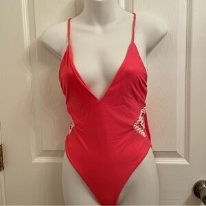 Lovers + Friends Love To Love You One Piece Swimsuit Coral Crochet Detail Sz XS